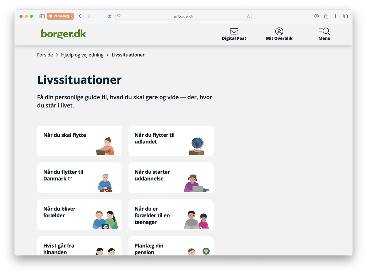 Screenshot of the Livssituationer guide on borger.dk