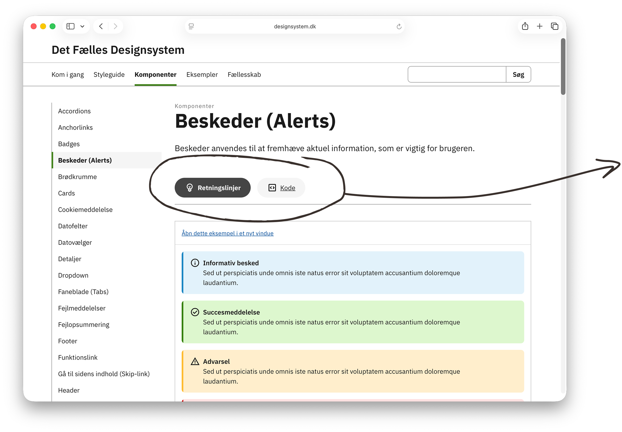 Skærmbillede af designsystem.dk, komponentet Beskeder (Alerts)