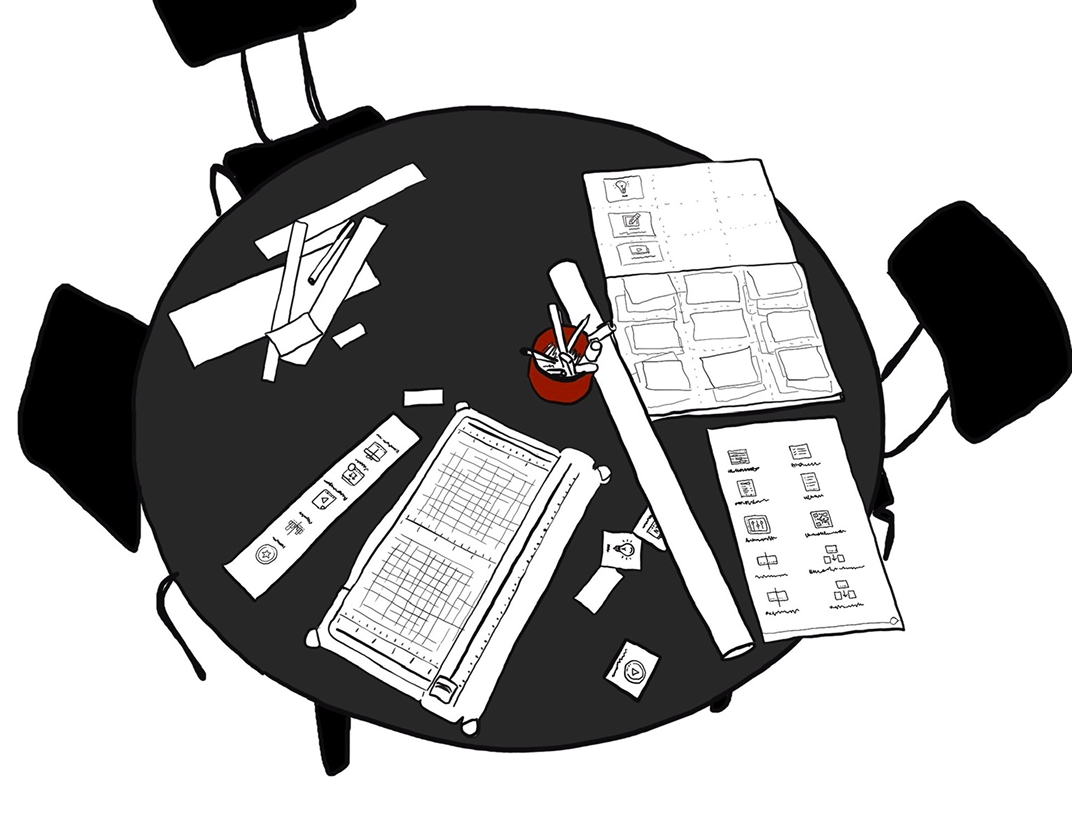 Illustration of a workshop table with sketches and materials